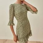 Puff Sleeve French Square Collar Floral Ruffled Edge Dress
