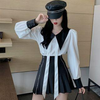 Puff-sleeve Collared Blouse / Pleated A-line Skirt
