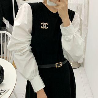 Contrast Puff-sleeve Maxi Dress With Belt