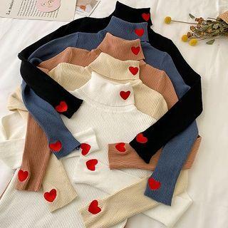 Heart Embroidered Turtle-neck Slim-fit Knit Top