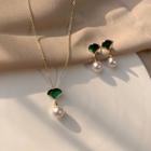 Set: Faux Pearl Leaf Pendant Necklace + Dangle Earring