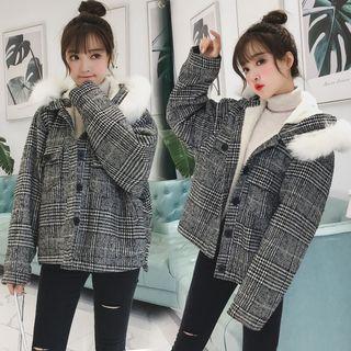 Faux Fur Trim Hooded Plaid Jacket