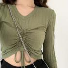 Drawstring V-neck Long-sleeve Crop T-shirt / Mini Pleated Skirt