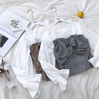 Mock Two-piece Ruffled-trim Long-sleeve Panel Color-block Plaid Blouse