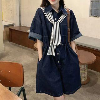 Striped Shawl / Short-sleeve Denim Romper