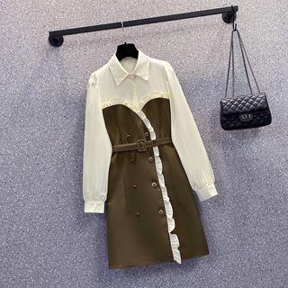 Mock Two-piece Puff-sleeve Double-breasted Dress