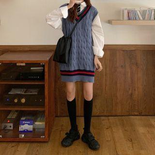 Long-sleeve Plain Shirt / Contrast Trim Cable Knit Vest
