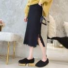 Lace Trim Slit Midi Knit Skirt