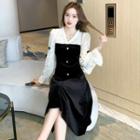 V-neck Lace Panel Velvet A-line Dress