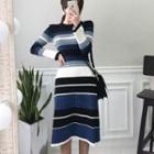 Long-sleeve Striped A-line Knit Dress Stripes - Blue - One Size