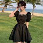 Puff-sleeve Plain Cut-out A-line Dress