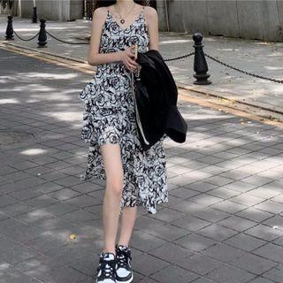 Spaghetti Strap Print A-line Dress Black & White - One Size
