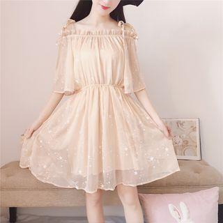 Star Print Open Shoulder Bell-sleeve Chiffon Dress