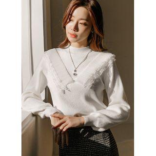 Bishop-sleeve Lace-trim Knit Top