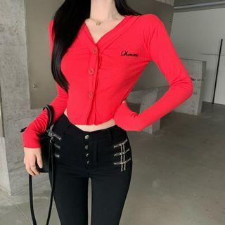 V-neck Cropped Cardigan / High-waist Zip Skinny Pants