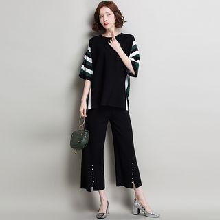 Set : Stripe Elbow-sleeve Top + Wide Leg Pants