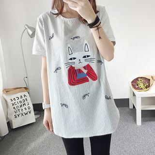 Cat Applique Striped Short Sleeve T-shirt