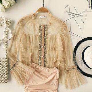 Set: Sequin Trim Bell-sleeve Tiered Mesh Blouse + Camisole