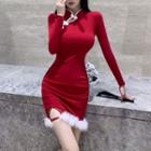 Long-sleeve Fluffy Trim Mini Bodycon Qipao Dress