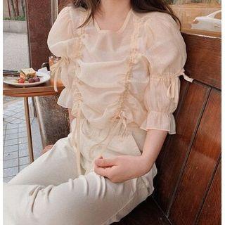 Short-sleeve Drawstring Plain Top As Shown In Figure - One Size