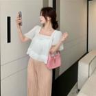 Puff-sleeve Tie-back Top / Wide Leg Pants
