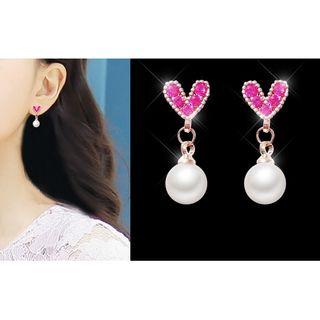 925 Sterling Silver Faux Pearl Dangle Earring 1 Pair - Love Heart - One Size