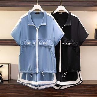 Set: Short Sleeve Lettering Zip-up Light Jacket + Contrast Trim Sport Shorts