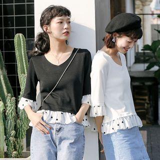 Dotted Mock Two-piece Elbow-sleeve Knit Top