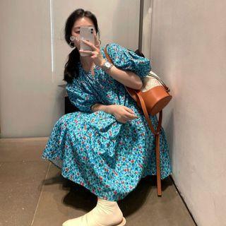 Puff-sleeve Loose-fit Floral Mini Dress Blue - One Size