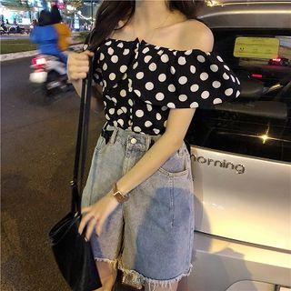 Polka Dot Off-shoulder Ruffled-trim Short-sleeve Top As Shown In Figure - One Size