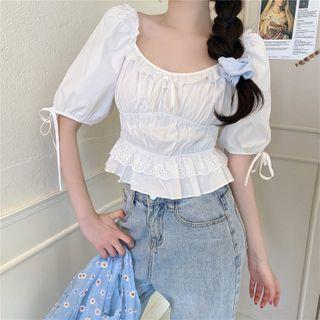 Puff-sleeve Shirred Tie Accent Blouse