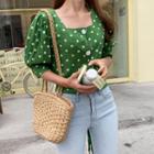 Square-neck Tie-back Polka-dot Blouse Green - One Size