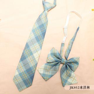 Set: Plaid Neck Tie + Bow Tie Jk052 - Set Of 2 - Neck Tie & Bow Tie - Blue - One Size