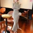 Cut Out Shoulder Long Sleeve Knit Midi Dress