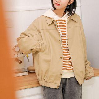 Lettering Embroidered Hooded Buttoned Jacket