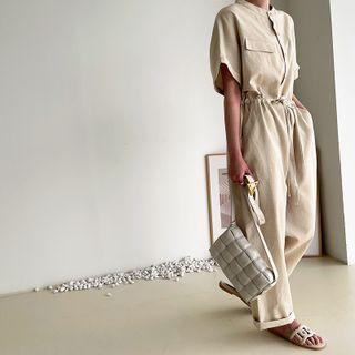 Mandarin-collar Shirtwaist Jumpsuit