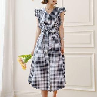 Frilled-sleeve Gingham Shirtdress With Sash