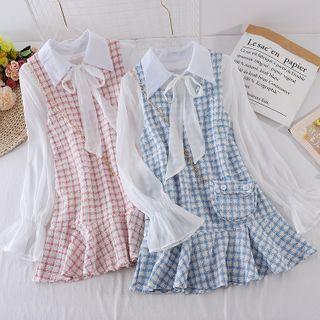 Set: Tie-neck Shirt + Tweed Pinafore Dress
