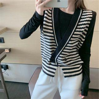 Striped Double-breasted Sweater Vest / Long-sleeve T-shirt