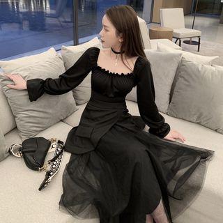 Mock-two Square-neck Long-sleeve Blouse / Mesh Skirt