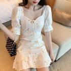Cherry Print Short-sleeve Tie-neck Mini A-line Dress
