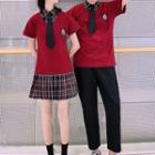 Couple Matching Short-sleeve Polo Shirt / Dress Pants / A-line Skirt / Neck Tie / Set