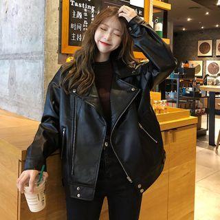 Faux Leather Loose-fit Biker Jacket Black - One Size