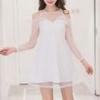 Long-sleeve Cold Shoulder A-line Mesh Dress