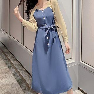 Two-tone Panel Long-sleeve Button Midi A-line Dress