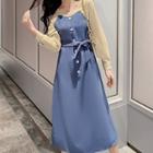 Two-tone Panel Long-sleeve Button Midi A-line Dress