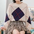 Distressed Argyle Sweater Khaki - One Size
