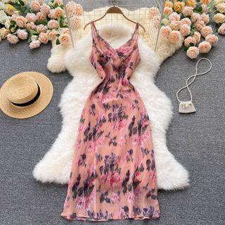 V-neck Floral Spaghetti-strap Dress