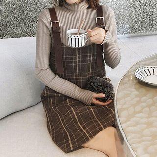 Set: Long-sleeve Mock Neck Rib-knit Top + Buckled Strap Plaid Pinafore Dress