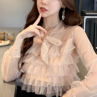 Tie-neck Ruffle Glitter Chiffon Top